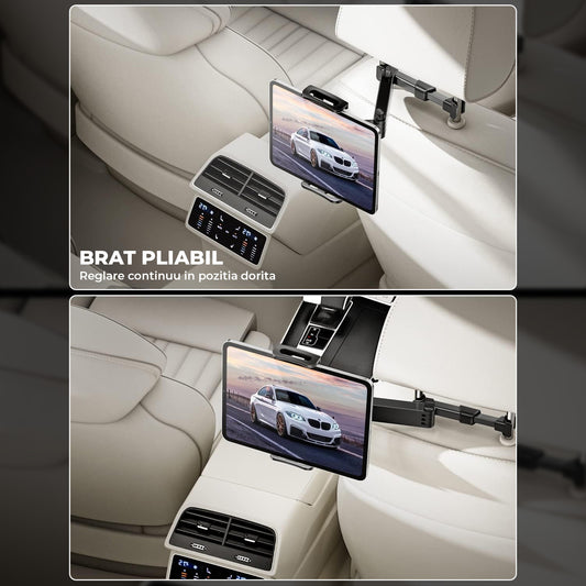Suport Auto Tableta si Telefon Premium Elindor® pentru Tetiera Scaun, Compatibil 4.4-11 inch, iPad, Samsung Tab, Switch, Smartphones, Universal, Brat Extensibil Ajustabil 360°, Pliabil, Ideal pentru Copii sau Adulti, Accesorii Masina, Negru