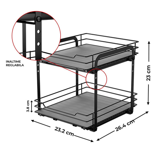 Organizator Condimente Elindor® pe 2 Nivele, Sertar Glisant Organizare, pe Blat sau in Dulap sub Chiuveta, Suport Metalic, pentru Bucatarie, Baie, Camara, Bar, Raft cu Sertare Depozitare Condimente, 26.4 × 23.2 × 23 cm, Negru