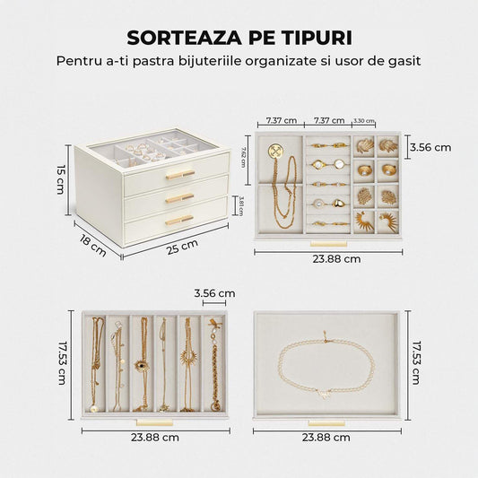 Cutie de Bijuterii Elindor® Organizator pe 3 Niveluri, Sertar x3, Spatiu de Depozitare pentru Inel, Verighete, Lantisoare, Bratari, Cercei, Caseta cu Design Rafinat, Simplu si Elegant, Piele Ecologica Alba, 18x25x15 cm