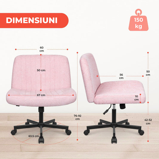 Scaun Birou Ergonomic Elindor® Rotativ 360°, fara Manere, cu Spatar Design Compact, Confortabil, Scaune in Stil Modern cu Roti, Picioare Metalice, Reglaj Balansare, Inaltime Ajustabila, 56 × 67 × 92 cm, Roz