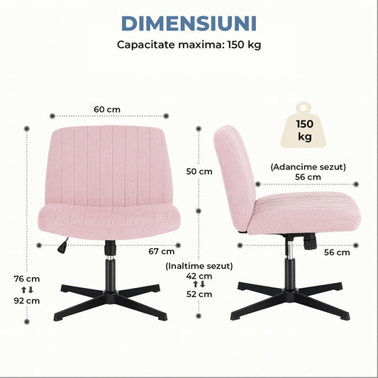 Scaun Birou Ergonomic Elindor® Rotativ 360°, fara Manere, cu Spatar Design Compact, Scaune in Stil Modern fara Roti, Picioare Metalice, Reglaj Balansare, Confortabil, Inaltime Ajustabila, 56 × 67 × 92 cm, Roz