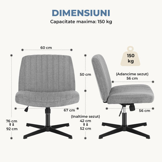 Scaun Birou Ergonomic Elindor® Rotativ 360°, fara Manere, cu Spatar Design Compact, Scaune in Stil Modern fara Roti, Picioare Metalice, Reglaj Balansare, Confortabil, Inaltime Ajustabila, 50 × 67 × 92 cm, Gri