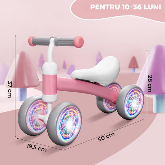 Bicicleta fara Pedale Elindor® pentru Copii, cu 4 Roti cu LED, Usoara, Silentioasa, Robusta, Sa Ergonomica, Dezvolta Echilibrul si Coordonarea, pentru Copii de 10-36 Luni, 55 x 19 x 24.5 cm, Roz