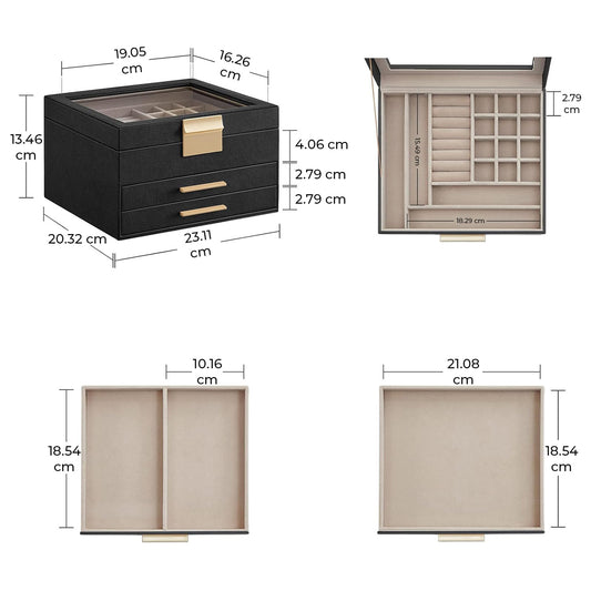 Cutie de Bijuterii Elindor® Organizator pe 3 Niveluri, Sertar x2, Spatiu de Depozitare pentru Inel, Verighete, Lantisoare, Bratari, Cercei, Caseta din Material Catifelat, Design Rafinat, Simplu si Elegant, Piele Ecologica Neagra, 20.3 x 23 x 13.5 cm