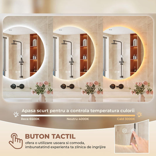 Oglinda de Perete Elindor® Rotunda, fara Rama, Decorativa, Eleganta, Ideala pentru Baie, Birou, Hol, Living, Dressing, Iluminare Led, Intensitate Ajustabila, Antiaburire, 3 Temperaturi de Culoare, 50 x 50 cm