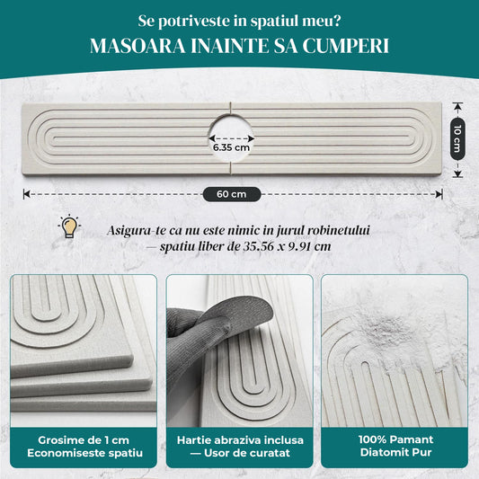 Covoras Multifunctional Absorbant Elindor®, Tava din Diatomit Antiderapant, pentru Protectie Baterie Chiuveta, Protectie Blat Bucatarie, Baie, Covoras Uscare Cani, Burete Vase, Sticla Detergent, Sapun, Usor de Curatat si Reutilizabil, 60 × 10 cm, Gri Desc