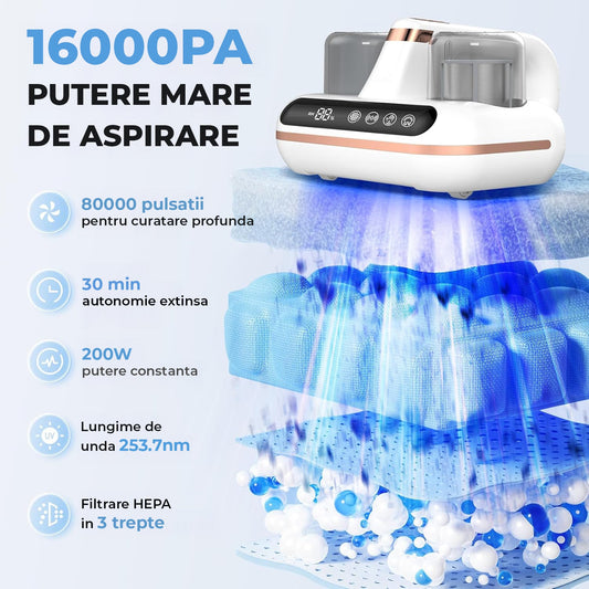 Aspirator UV‑C Antiacarieni pentru Saltea si Tapiterie Elindor®, 16 KPa, 200W, Filtrare HEPA 99,97%, Monitor Umiditate, Ultrasunete, Zgomot Redus 65 dB, 210 ml, Modul 5‑in‑1, Ideal Pentru Alergii, Animale si Bebelusi, Alb