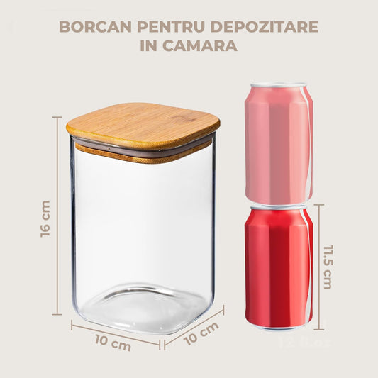 Set 4 Borcane din Sticla Elindor® cu Capac Ermetic din Bambus, Borcan 1100 ml Ideal pentru Miere, Dulceata, Condimente, Cafea, Zahari, Recipient Depozitare in Bucatarie, Transparent
