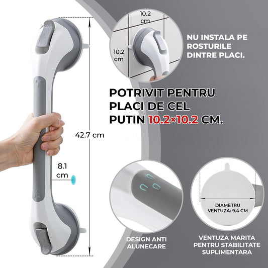 Bara Sprijin Dus Elindor® cu 2 Ventuze, Prindere pe Perete, Suport pentru Cada, WC, Accesorii pentru Ajutor si Organizare Baie, Sustine Maxim 100 kg, Instalare Rapida fara Gauri, 42.7 x 9.4 cm, Alb/Gri