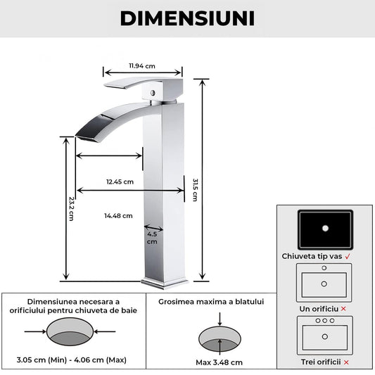 Baterie Chiuveta Vas Elindor®, Robinet Cascada, Design Modern, Alama Solida, Argintiu