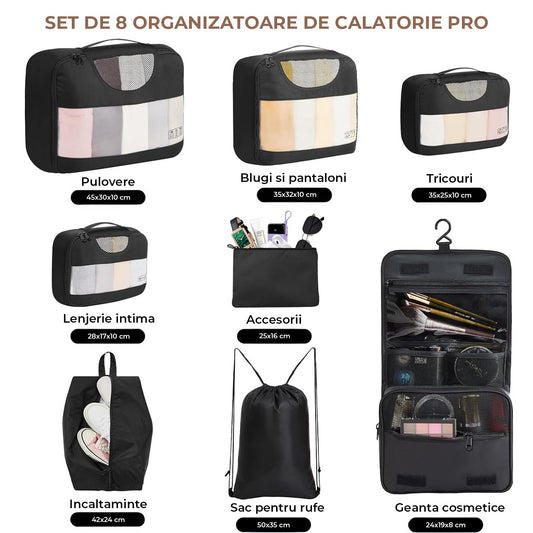 Set Organizatoare Calatorie Elindor® pentru Bagaj cu 8 Genti de Depozitare Haine, Accesorii, Cosmetice, Negru
