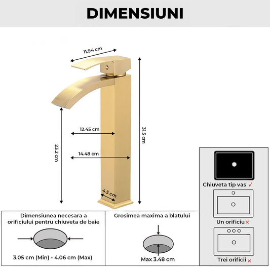 Baterie Chiuveta Vas Elindor®, Robinet Cascada, Design Modern, Alama Solida, Auriu