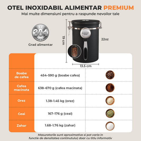 Recipient Inox pentru Cafea Elindor® Borcan Etans cu Capac si Lingurita, Cutie Depozitare Zahar, Ceai, Paste, Orez, Cereale, Faina, Prajituri, Supe, Alimente, Caserola Bucatarie, pentru Frigider si Congelator, 650 ml, Geam Transparent, Negru