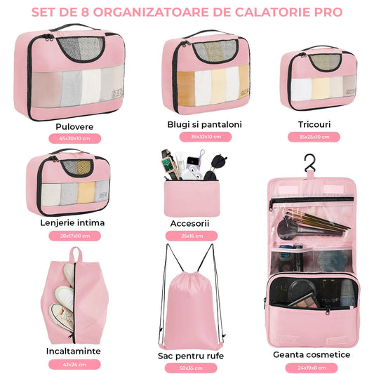 Set Organizatoare Calatorie Elindor® pentru Bagaj cu 8 Genti de Depozitare Haine, Accesorii, Cosmetice, Roz