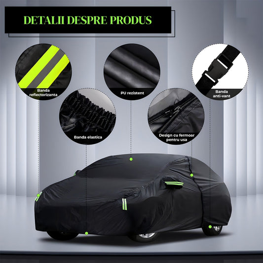 Prelata Auto Neagra 3 Straturi Elindor®, Impermeabila, Toate Anotimpurile, Husa de Protectie Completa, Antigrindina, Ploaie, Anti Soare, Accesorii Masina Exterior, Sedan M, 431×165×120 cm