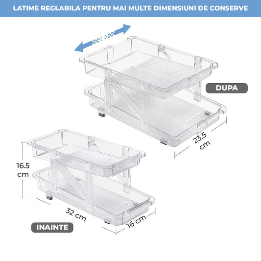 Organizator Bauturi Elindor® pentru Frigider, Dulap sau Blat, 10-11 Doze de 330-500 ml, 2 Nivele, Ajustabil, Antiderapant, Potrivit si pentru Iaurt,32 x 23.5 x 16.5 cm, Transparent