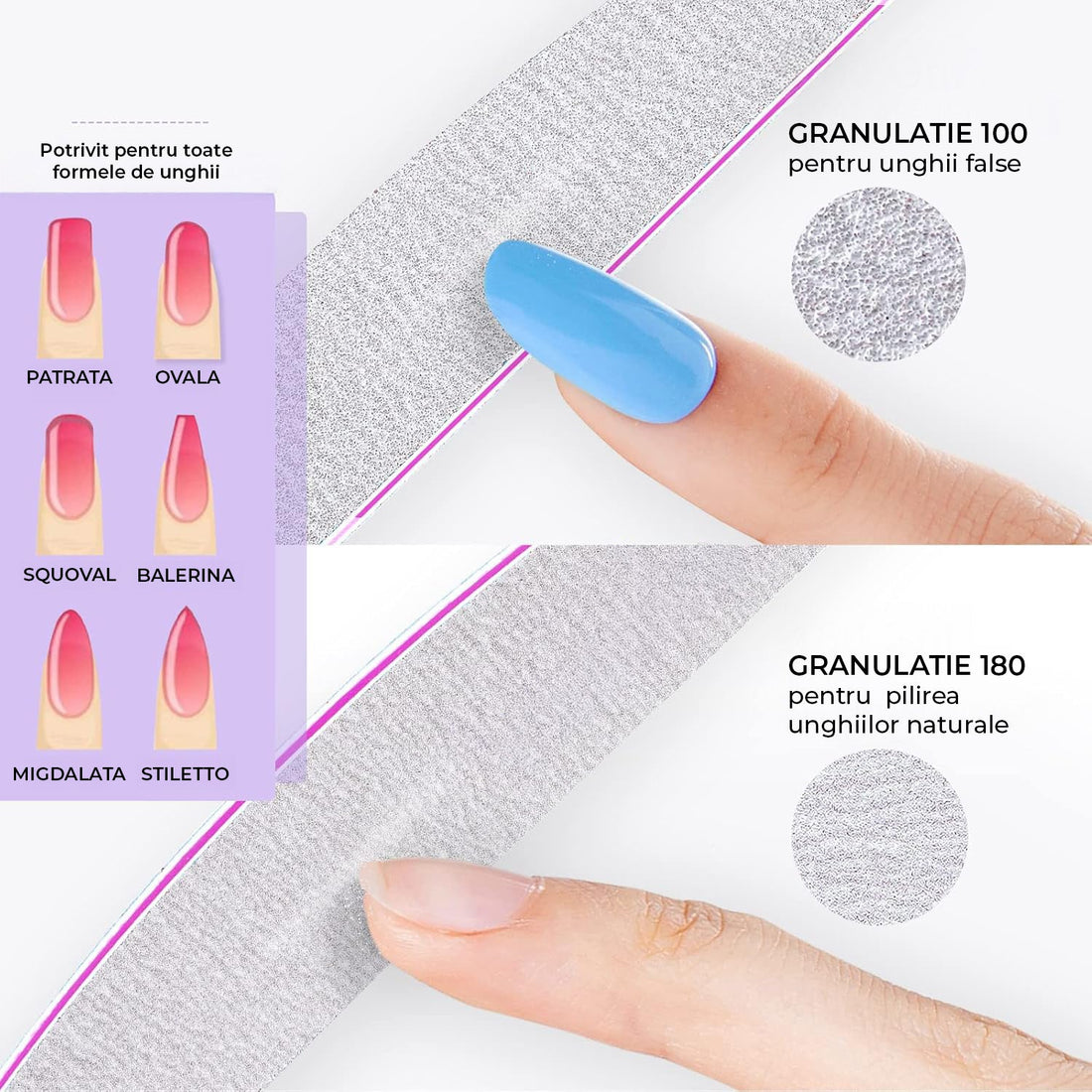 Set 10 Pile Unghii Profesionale Elindor® Granulatie 100/180 Reutilizabile Semiluna pentru Manichiura Pedichiura Unghii Naturale si False, Gri