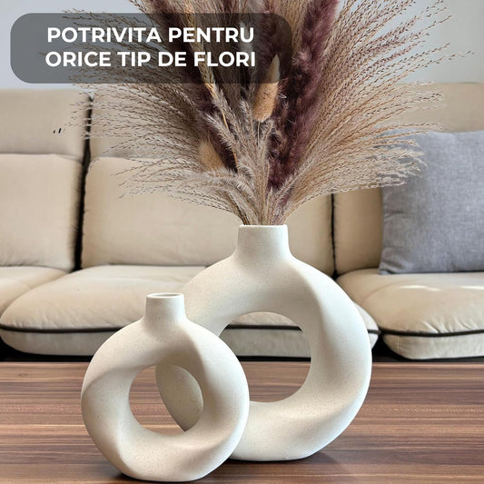 Set 2 Vaze Ceramica Premium Elindor® Design Modern Boho Minimalist Alb