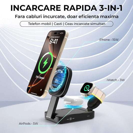 Încărcător Wireless 3in1 Elindor®, 15W, MagSafe, Pliabil, Negru