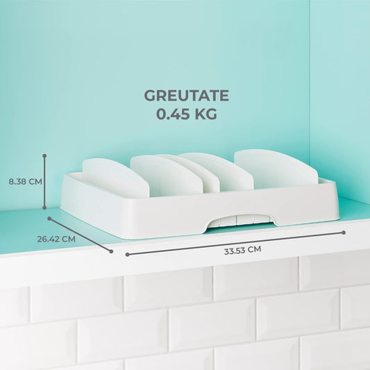 Organizator Capace Reglabil Elindor®, Suport Chiuveta, Uscator cu 5 Separatoare Ideal pentru Capace, Pahare, Tava Scurgere din Plastic, Organizator Bucatarie Multifunctional, Instalare Rapida, 33,5 × 26,4 × 8,4 cm, Plastic fara BPA, Alb