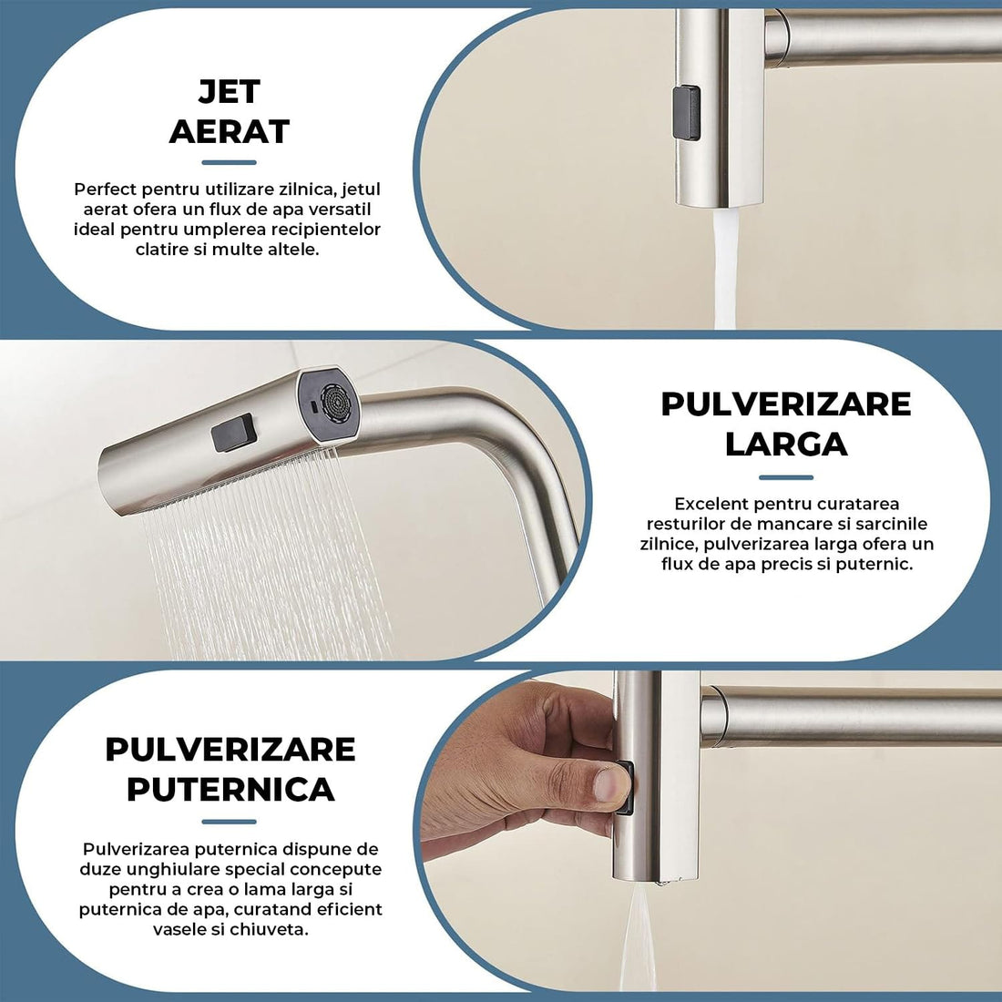 Baterie Bucatarie Elindor® Cu Dus Extractibil, Pipa Inalta, Finisaj Nichel Periat, Argintiu