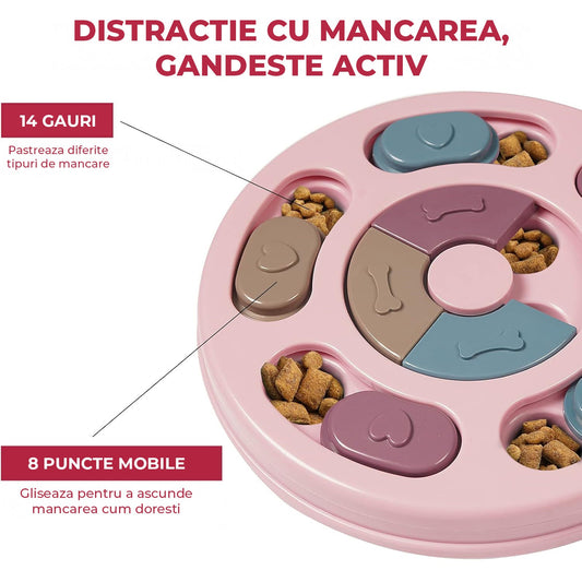 Jucarie Puzzle Elindor® Interactiva pentru Animale de Companie, Bol de Mancare, Compartimente Glisante, Roz