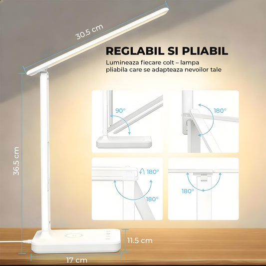 Lampa de Birou Elindor® Alba cu LED Integrat, Incarcare USB, cu Incarcare Rapida Telefon, 3 Moduri Lumina Camera Rece/Cald, Comanda prin Buton, Veioza Pliabila cu Brat Reglabil, Compacta si Portabila, pentru Birou, Dormitor, Hol, Living, 36.5 cm