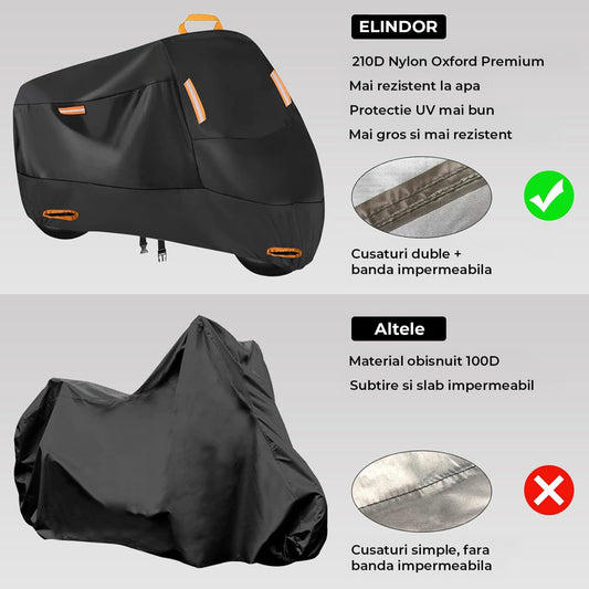 Husa Motocicleta Universala Elindor®, Protectie Impermeabila si Antivant, Orificii pentru Lacat, Benzi Reflectorizante, Ideala pentru Exterior, Calatorii sau Garaj, Negru