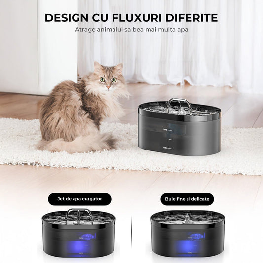 Fantana de Apa pentru Pisici Elindor® Cu Filtru Carbon Activ Si Pompa Silentioasa, Capacitate 2.2L, Design Modern cu Led, Usor De Curatat, Jet Reglabil, Negru