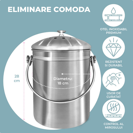 Cos pentru Compostarea Resturilor Organice Elindor® pentru Bucatarie si Gradina, Recipient Compost cu Capac cu Filtru Carbon Inclus, Capacitate 4.9 L, 18 × 18 × 28 cm, Otel Inoxidabil, Argintiu