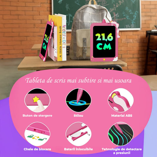 Tabletă LCD pentru Copii Elindor®, 8.5 Inch, pentru Desenat și Scris, Roz