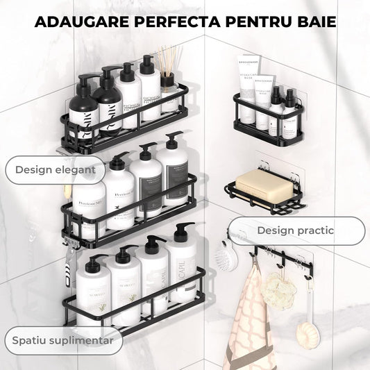 Raft de Dus cu Etajera si Suport pentru Sapun si Prosop Elindor®, Organizator Baie Accesorii, cu Adeziv, din Otel Inoxidabil, 6 Rafturi de Dus, Negru
