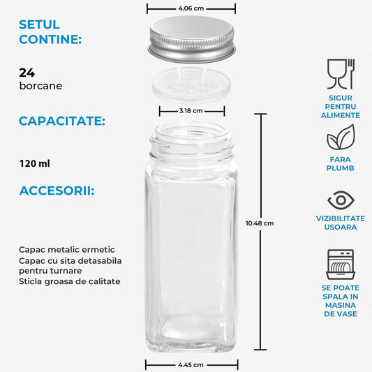 Set 24 Borcane Condimente din Sticla, Patrate, cu Capace Metalice Etans, Include Tichete, Palnie din Silicon Pliabila, pentru Organizarea Condimentelor, Ierburilor Uscate, Boabelor sau Semintelor in Bucatarie