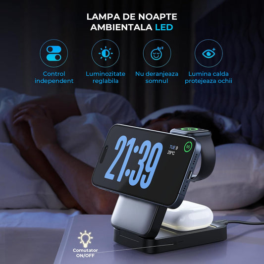 Incarcator Magnetic Elindor® Incarcare 3-in-1, MagSafe, 15W, Pliabil si Portabil, pentru iPhone, Apple Watch, AirPods, Gri