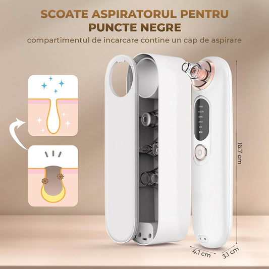 Aspirator Puncte Negre Elindor® 5 Trepte de Aspirare si Extractie pentru Fata, 4 Capete de Schimb, Tehnologie Vacuum pentru Ingrijire Ten, Extractor Sebum si Cosuri, Aparat Reincarcabil USB pentru Ingrijirea Tenului, Alb