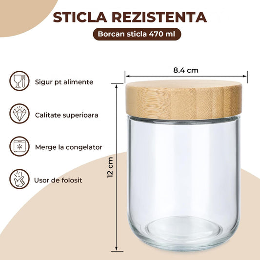 Set 6 Recipiente din Sticla Elindor®, Borcane cu Capac din Bambus pentru Zahar, Cafea, Condimente, Gustari, Nuci, Sare, Dulciuri, 470 ml, Dimensiuni 9.1x9.1x10.2cm, Transparent