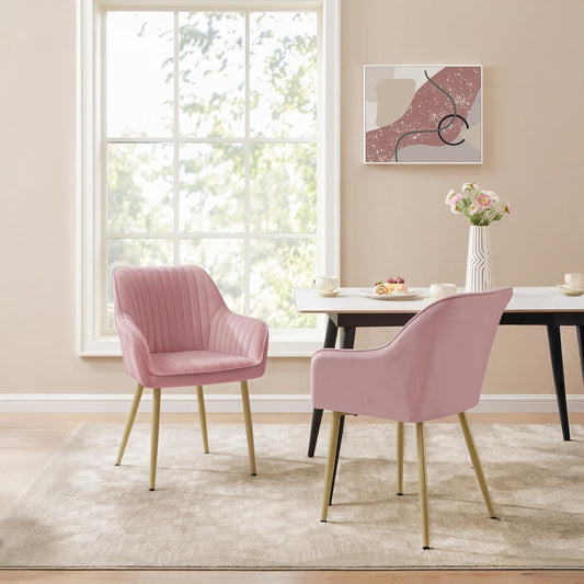 Set 2 Scaune Elindor® Ergonomice, Design Contemporan, Scaun cu Spatar si cu Manere, din Catifea cu Picioare Metalice Aurii, Potrivite pentru Living, Bucatarie, Birou, Dormitor, Latime Sezut 49 cm, 55.5 x 43 x 83 cm, Roz