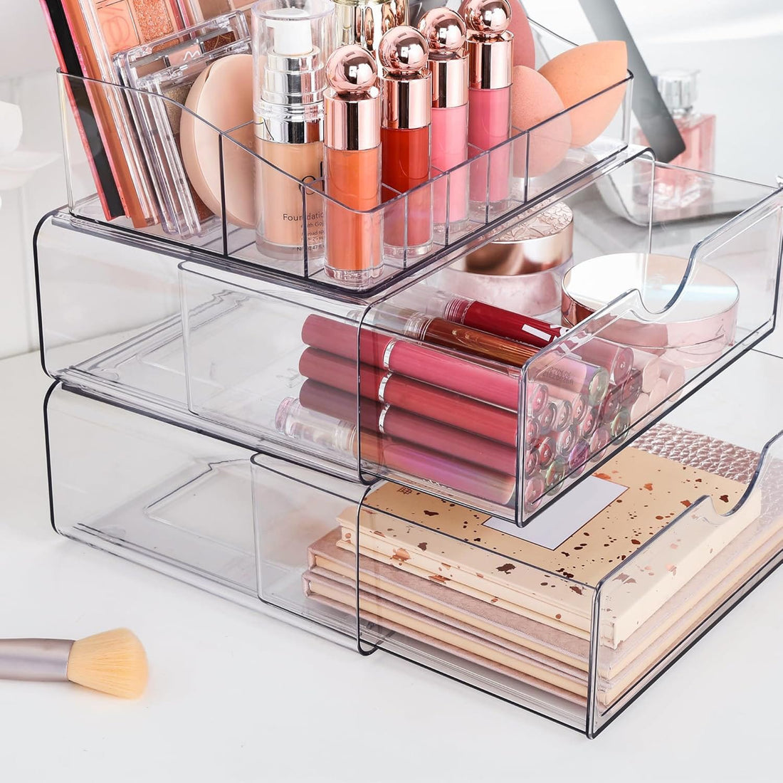 Organizator Machiaj Elindor®, 3 Sertare, Suport Rujuri, Pensule si Produse Cosmetice, Transparent