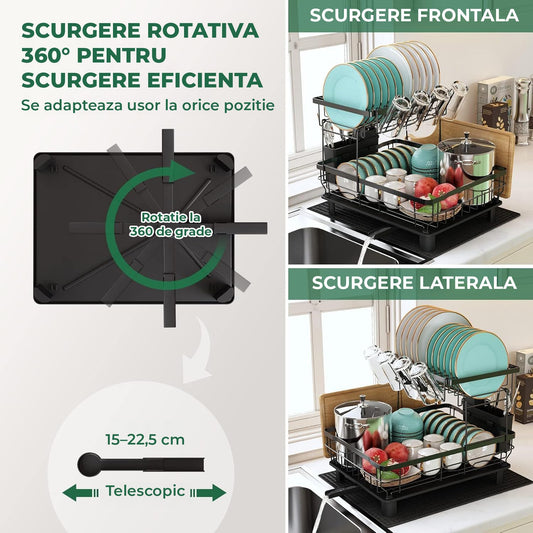 Scurgator Vase Etajat Elindor®, Suport Uscat Vesela Pentru Chiuveta, Uscator Ideal pentru Farfurii, Tacamuri, Capace, Tigai, Pahare, Tava din Plastic cu Scurgere Automata, Organizator Metalic Bucatarie Multifunctional, 43.5 x 33 x 11 cm, Negru