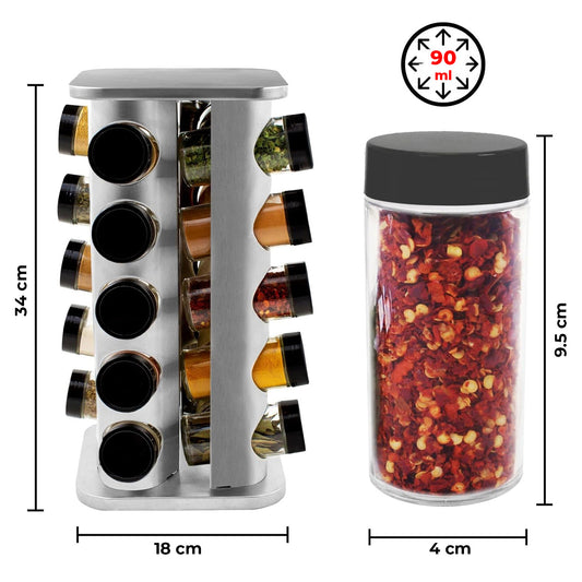 Organizator Condimente Elindor® din Inox, Suport Tip Turn, Rotativ, cu 20 Compartimente si Recipiente din Sticla, Borcane cu Capac, Organizator Bucatarie, Accesorii Depozitare, 34 x 18.3 cm, Argintiu