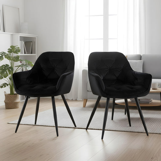 Set 2 Scaune Elindor® Ergonomice, Design Modern si Elegant, Scaun cu Spatar si cu Manere, din Catifea cu Picioare Metalice Negre, Potrivite pentru Living, Bucatarie, Birou, Dormitor, Latime Sezut 49 cm, 61 x 60 x 87 cm, Negru