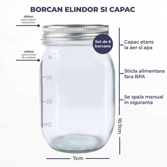 Set 6 Borcane din Sticla Elindor® cu Capac Ermetic, Borcan 490 ml Ideal pentru Miere, Dulceata, Condimente, Cafea, Zahar si pentru Fermentare Muraturi, Capace Metalice, Recipient Depozitare in Bucatarie, Transparent