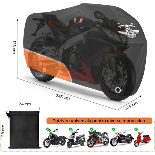 Husa Motocicleta Universala Elindor® Impermeabila, Protectie Antipraf si UV, Banda Reflectorizanta, Orificii Pentru Lacat, Material Oxford Durabil, Potrivita Pentru Exterior si Interior, Accesorii Motocicleta, Negru