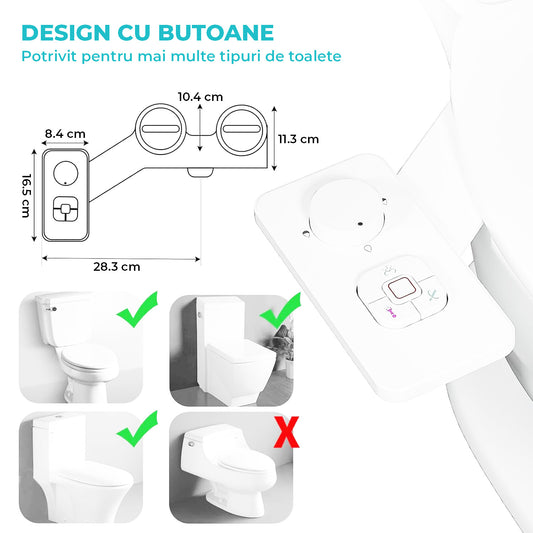 Bideu Retractabil Elindor® pentru Toaleta cu Functie de Auto Curatare, Non Electric, Buton Control de Presiune, pentru Igiena Personala, Apa Rece, Kit Accesorii WC, Set pentru Baie, Sistem Bidet pentru Colac si Capac de Toalete, Alb
