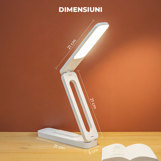 Lampa de Birou Elindor® Alba cu LED Integrat, Incarcare USB si cu Acumulator, 3 Moduri Lumina Camera Rece/Cald, Comanda prin Buton, Veioza Pliabila cu Brat Reglabil, Compacta si Portabila, pentru Birou, Dormitor, Hol, Living, 21 × 42 × 5 cm
