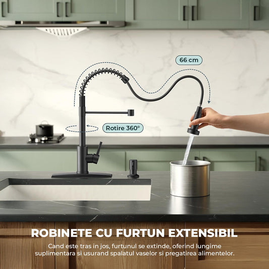 Baterie Chiuveta Bucatarie Neagra Elindor®, Robinet de Apa Lavoar, Modern cu Pipa Flexibila, Cap Dus Extractabil cu Doua Functii, Jet Reglabil, Monocomanda, Rotativ 360°, Otel Inoxidabil, Finisaj Mat