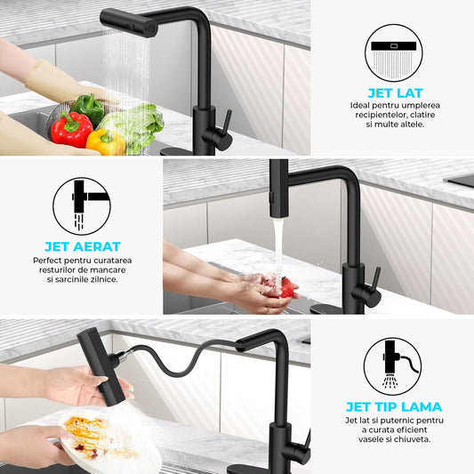 Baterie Chiuveta Bucatarie Neagra Elindor® Robinet de Apa, Modern cu Pipa Flexibila, Cap Dus Extractabil cu Patru Functii, Monocomanda, Rotativ 360°, pentru Bucatarie, Otel Inoxidabil, Finisaj Mat