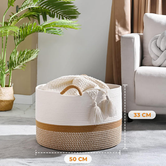 Cos de Rufe Elindor® Ideal pentru Haine Murdare, Jucarii, Diverse Obiecte, Recipient Sortare Rotund de 65 L, pentru Casa, Baie, Living, Hol, Camera Copiilor sau Hotel, 50×50×33 cm., Impletit din Franghie din Bumbac, Alb / Maro