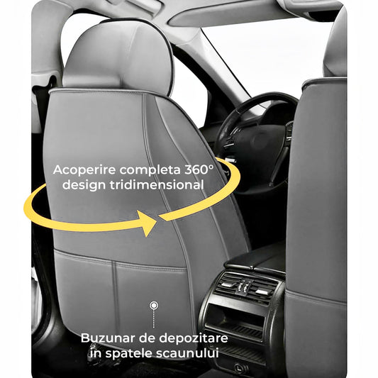 Set 2 Huse Scaune Auto Elindor®, Piele Ecologica/Textil, Protectie Scaun Sofer, Montaj Rapid, Husa Impermeabila, Acoperire Spatar si Sezut, Accesorii Masina Interior, Universale Compatibile cu VW, Dacia, Renault, BMW, Ford, Skoda, Hyundai, Gri
