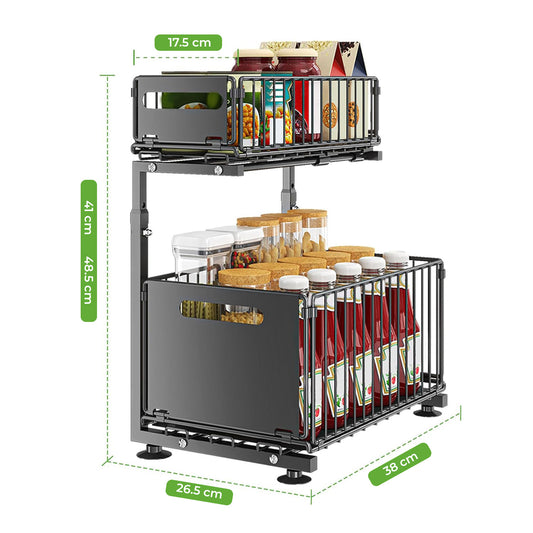 Organizator Elindor® cu 2 Nivele, Recipient de Depozitare Multifunctional si Glisant, Organizator pentru Dulapul de sub Chiuveta din Baie si Bucatarie, 38 × 26.5 × 41–48.5 cm, Negru